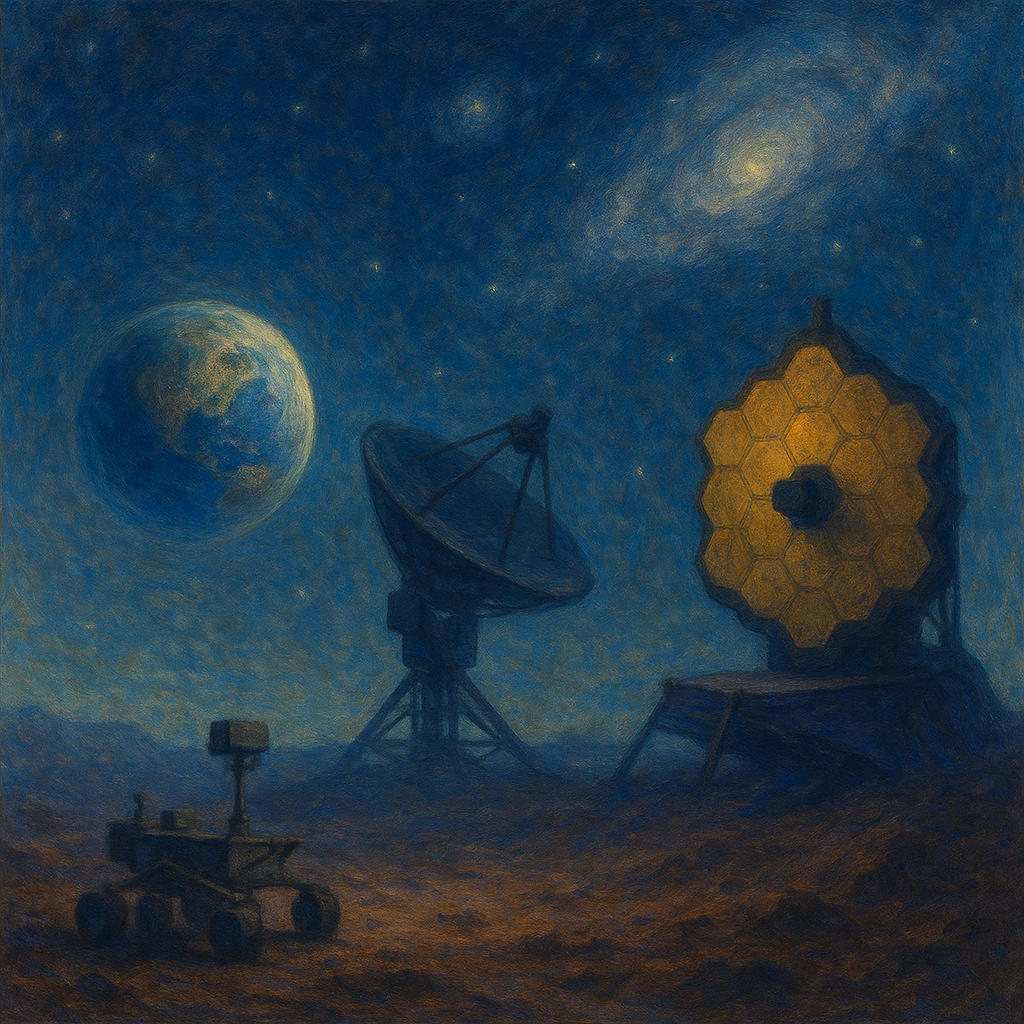 Oil painting of an Earth-like planet, a large radio telescope, a Mars rover, and the James Webb Space Telescope under a star-filled sky, symbolizing the search for extraterrestrial life.