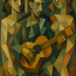 Cubist oil painting showing a fragmented guitar using geometric shapes and muted colors.