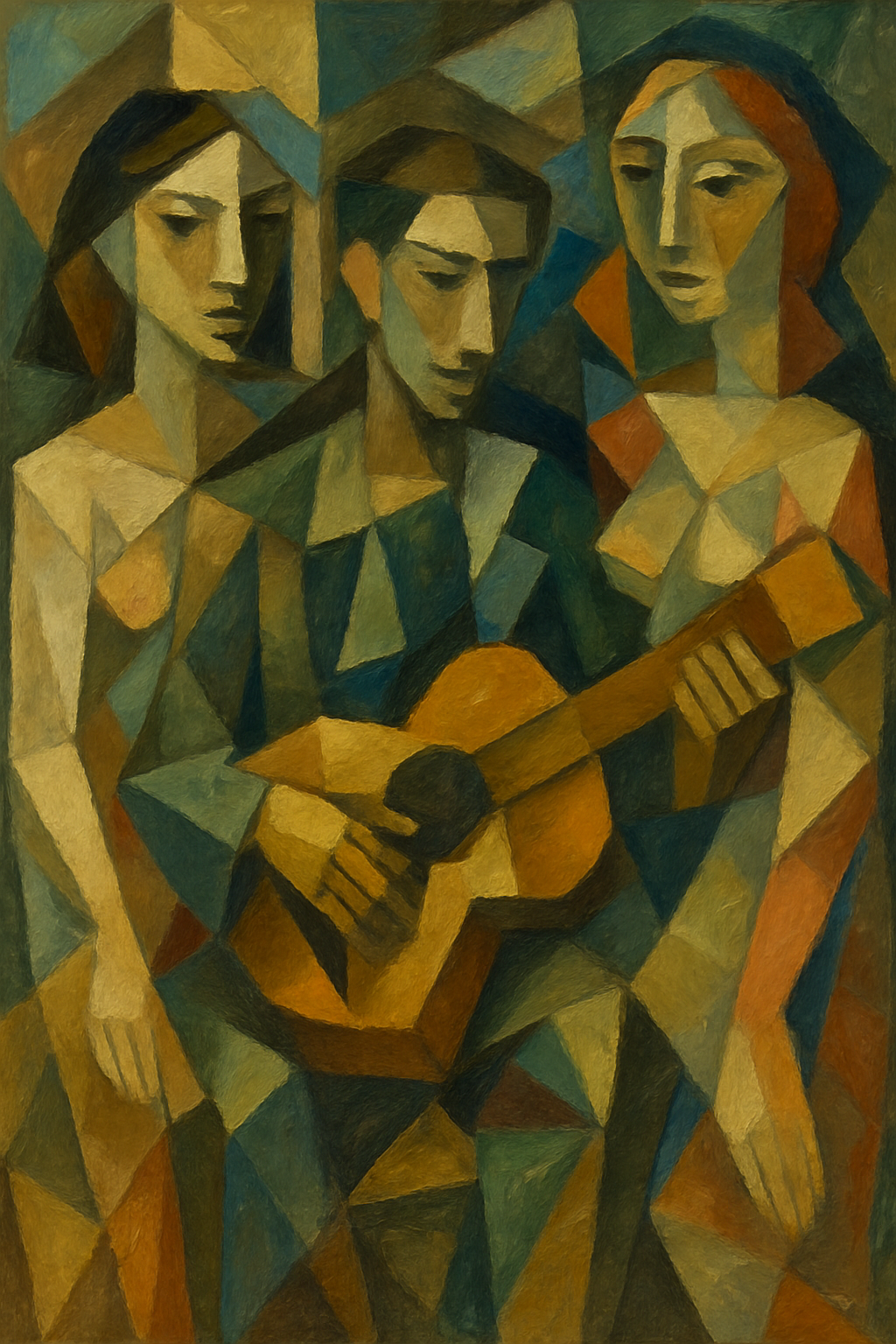 Cubist oil painting showing a fragmented guitar using geometric shapes and muted colors.