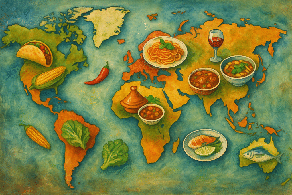 A colorful illustrated world map featuring regional food icons representing how geography influences global cuisine.