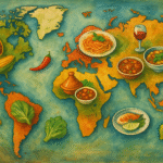 A colorful illustrated world map featuring regional food icons representing how geography influences global cuisine.