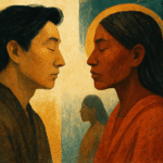Artistic illustration showing two human profiles symbolizing contrasting cultural communication styles — one calm and introspective, the other expressive and vocal — with symbolic colors and visual metaphors.