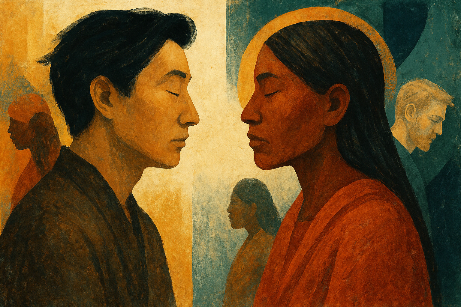 Artistic illustration showing two human profiles symbolizing contrasting cultural communication styles — one calm and introspective, the other expressive and vocal — with symbolic colors and visual metaphors.