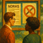 An artistic painting showing four diverse individuals navigating invisible boundaries, symbolizing cultural norms, social expectations, and taboos in society.