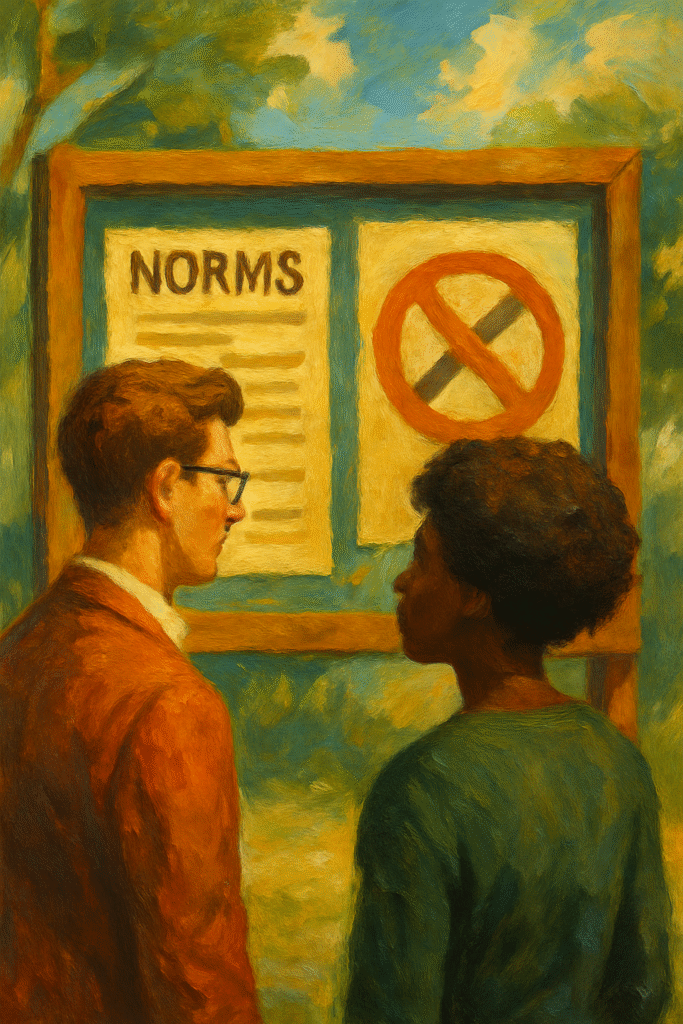An artistic painting showing four diverse individuals navigating invisible boundaries, symbolizing cultural norms, social expectations, and taboos in society.