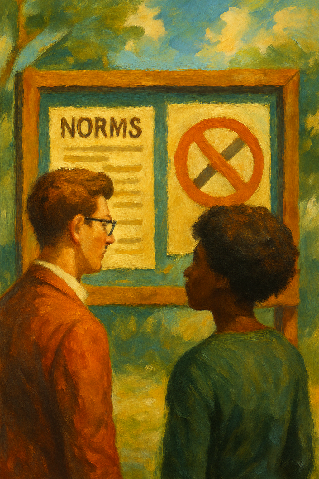 An artistic painting showing four diverse individuals navigating invisible boundaries, symbolizing cultural norms, social expectations, and taboos in society.