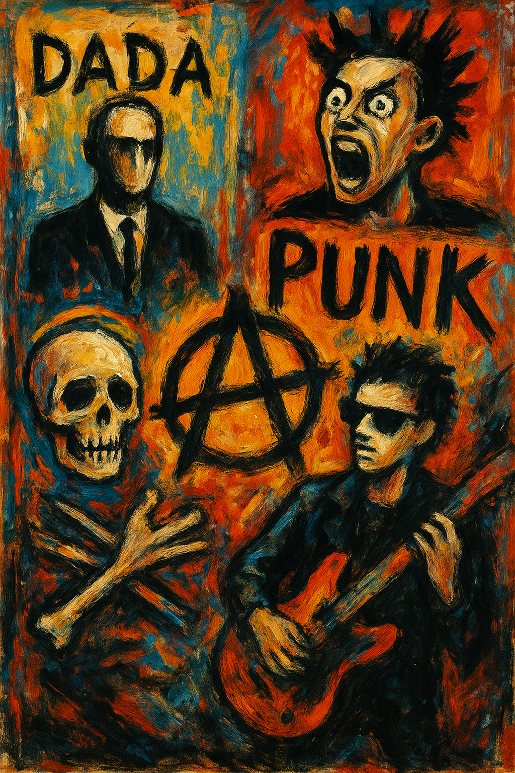 Abstract painting inspired by Dada and Punk art movements showing rebellious themes, chaotic visuals, and bold expression.