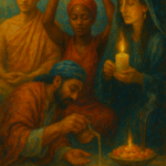 Oil painting showing a diverse group of people engaged in spiritual rituals, including candle lighting, flower offerings, and meditative gestures.