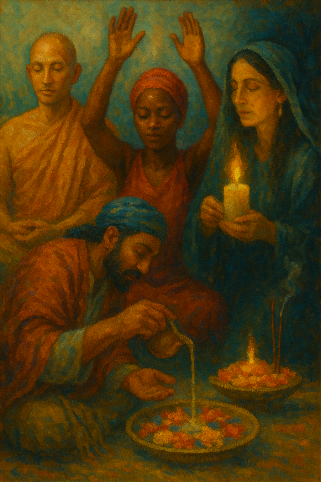Oil painting showing a diverse group of people engaged in spiritual rituals, including candle lighting, flower offerings, and meditative gestures.
