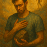 An oil painting on canvas shows a young man standing barefoot in a surreal, desolate landscape, looking down contemplatively. Around him, broken stairways and fading backgrounds symbolize emotional and existential struggle. The scene evokes deep themes of personal growth, loss, and self-discovery.
