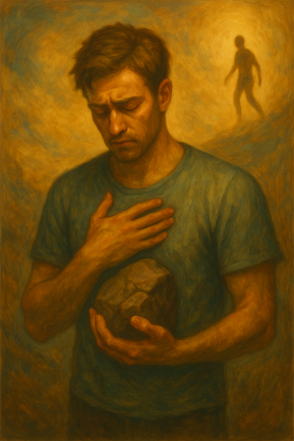 An oil painting on canvas shows a young man standing barefoot in a surreal, desolate landscape, looking down contemplatively. Around him, broken stairways and fading backgrounds symbolize emotional and existential struggle. The scene evokes deep themes of personal growth, loss, and self-discovery.