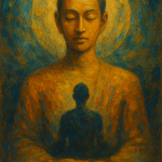 Abstract oil painting symbolizing Eastern philosophy’s concept of the self, mindfulness, and universal interconnectedness