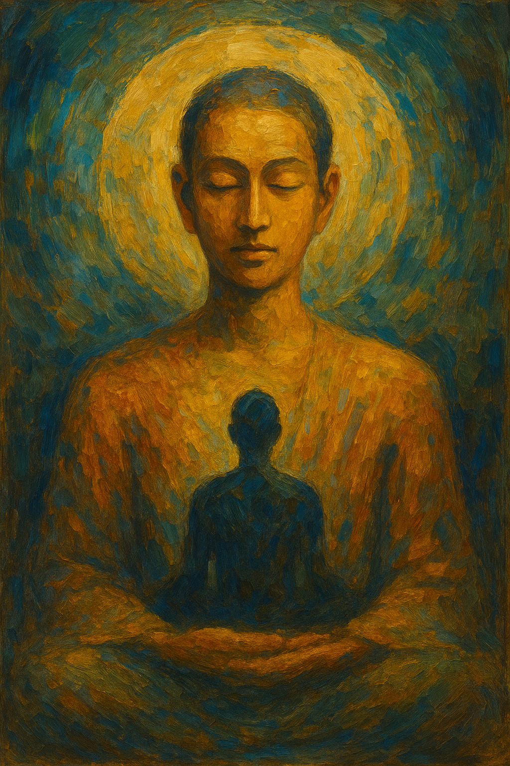 Abstract oil painting symbolizing Eastern philosophy’s concept of the self, mindfulness, and universal interconnectedness