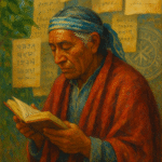 An elderly person in traditional clothing reads a book surrounded by handwritten pages featuring an endangered language, painted in a classical, textured style.