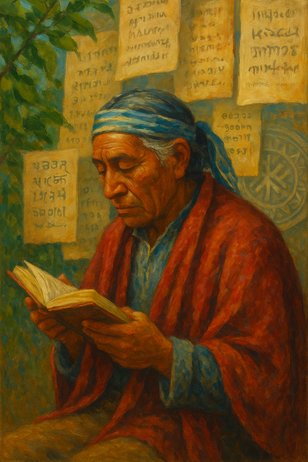 An elderly person in traditional clothing reads a book surrounded by handwritten pages featuring an endangered language, painted in a classical, textured style.