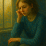 A young woman sits pensively by a window in a softly lit room, captured in a traditional oil painting style symbolizing emotional time distortion and introspection.