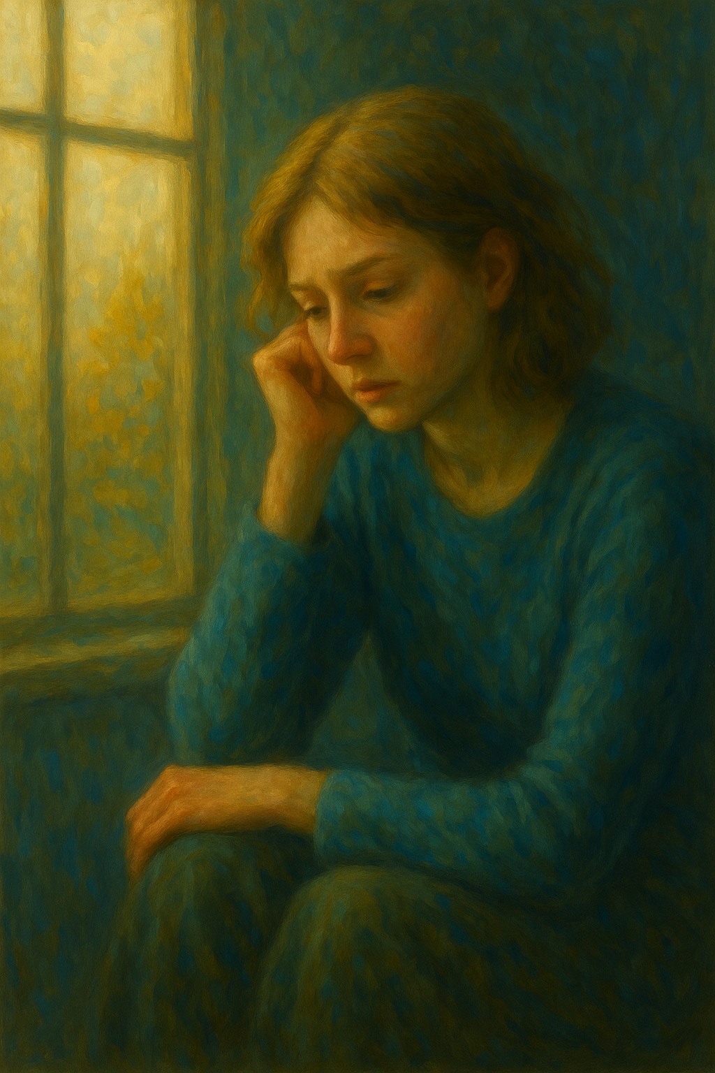 A young woman sits pensively by a window in a softly lit room, captured in a traditional oil painting style symbolizing emotional time distortion and introspection.