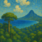 Oil painting of equatorial rainforest, ocean, and mountain under a bright sky—depicting moderated climate near the equator