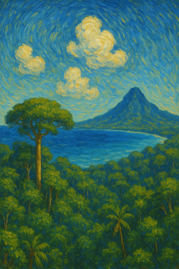 Oil painting of equatorial rainforest, ocean, and mountain under a bright sky—depicting moderated climate near the equator