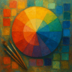 An oil painting of a vibrant color wheel with paintbrushes, representing the evolution of color palettes through history.