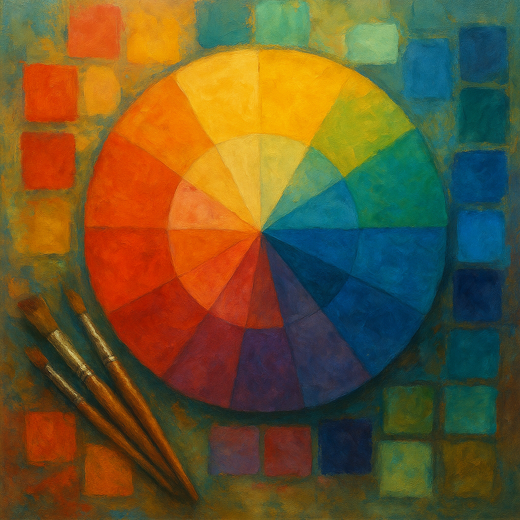 An oil painting of a vibrant color wheel with paintbrushes, representing the evolution of color palettes through history.