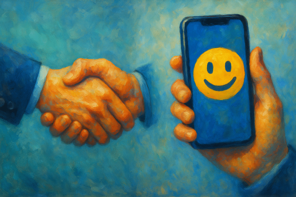 An artistic oil painting showing the evolution of human interaction, from formal handshakes to expressive emojis in a modern digital setting.