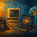 Oil painting showing the historical progression of technology, from typewriters to AI neural networks in an artistic style.