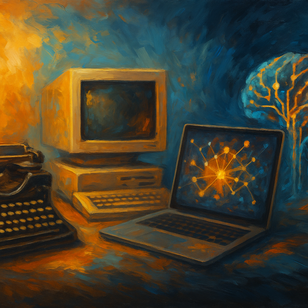 Oil painting showing the historical progression of technology, from typewriters to AI neural networks in an artistic style.