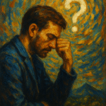 Oil painting of a thoughtful man in deep reflection surrounded by swirling colors, symbolizing existential anxiety and self-discovery