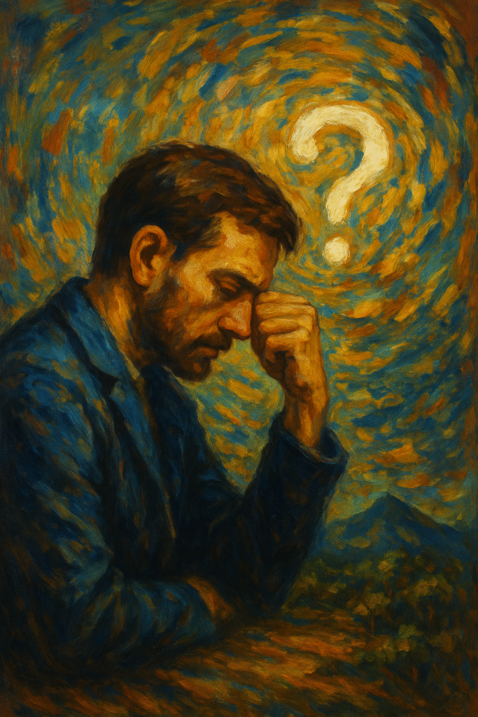 Oil painting of a thoughtful man in deep reflection surrounded by swirling colors, symbolizing existential anxiety and self-discovery