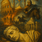 Oil painting showing the decline of multiple empires throughout history, symbolizing economic, political, and societal collapse