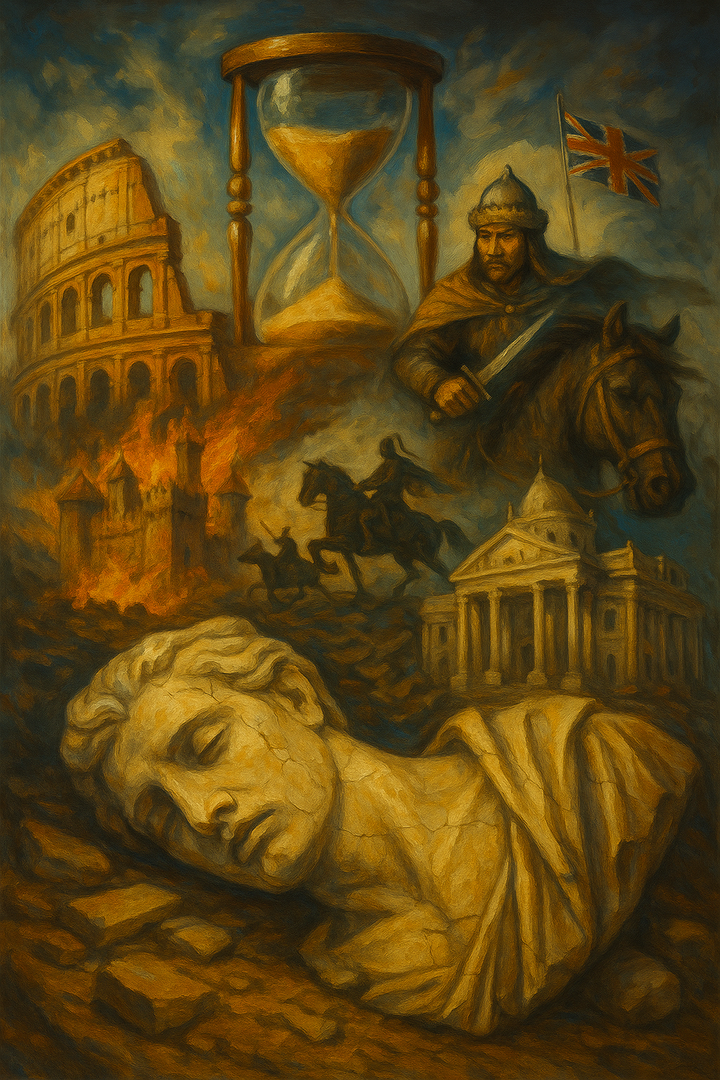 Oil painting showing the decline of multiple empires throughout history, symbolizing economic, political, and societal collapse