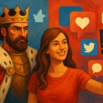 "Digital illustration showing a monarch on one side and a modern social media influencer on the other, symbolizing the evolution of fame into digital power."