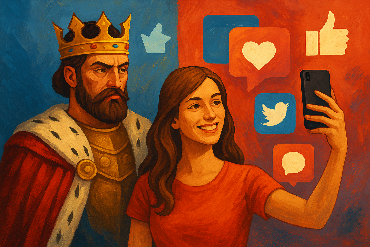 "Digital illustration showing a monarch on one side and a modern social media influencer on the other, symbolizing the evolution of fame into digital power."