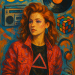 Retro oil painting of a Gen Z woman dressed in vibrant 1980s fashion, surrounded by nostalgic symbols like a boombox, vinyl record, Rubik’s Cube, and Walkman, reflecting the cultural influence of ’80s aesthetics on youth identity.