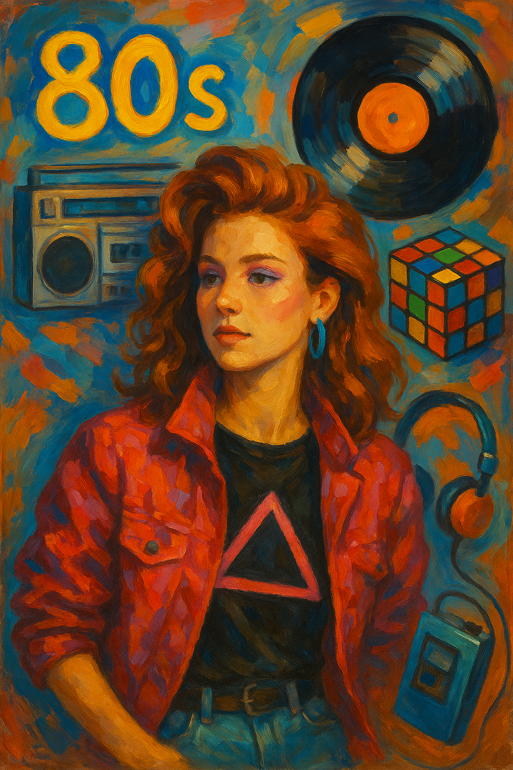Retro oil painting of a Gen Z woman dressed in vibrant 1980s fashion, surrounded by nostalgic symbols like a boombox, vinyl record, Rubik’s Cube, and Walkman, reflecting the cultural influence of ’80s aesthetics on youth identity.