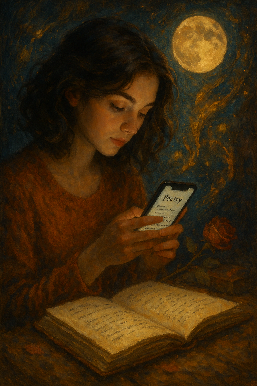 Artistic representation of Gen Z connecting with poetry in the digital age