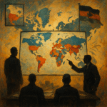 Oil painting of world map showing disputed territories in red and blue, with silhouettes of political figures analyzing boundaries, symbolizing global geopolitical conflict and power dynamics.