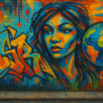A vibrant graffiti mural on a weathered city wall featuring abstract shapes, colorful patterns, and expressive urban art, symbolizing global street culture.