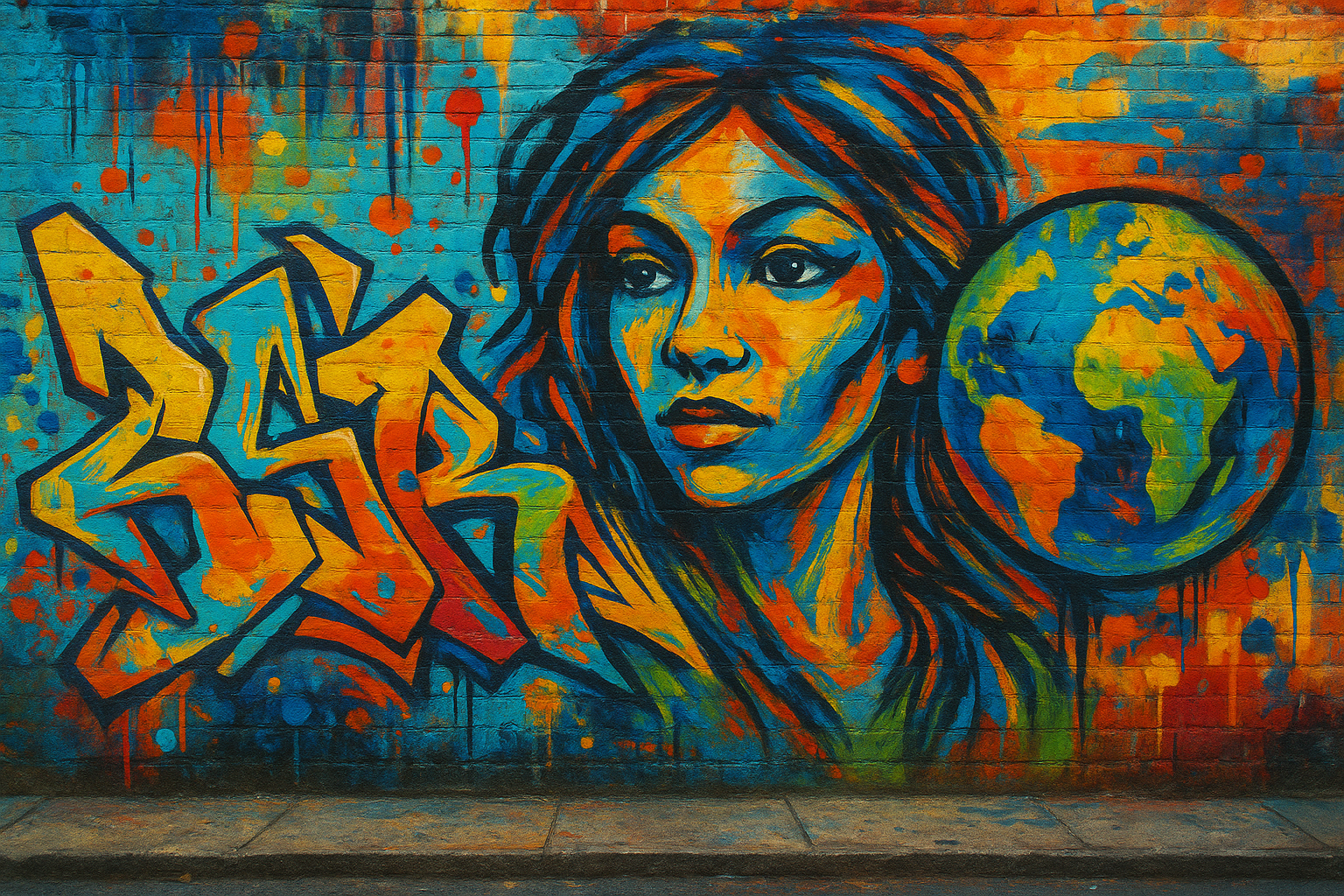 A vibrant graffiti mural on a weathered city wall featuring abstract shapes, colorful patterns, and expressive urban art, symbolizing global street culture.