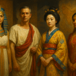 Realistic oil painting of four historical figures in traditional attire: an Egyptian queen, Roman statesman, Japanese noblewoman in kimono, and Indian woman in a red sari—representing how clothing reflects cultural identity and imperial influence.