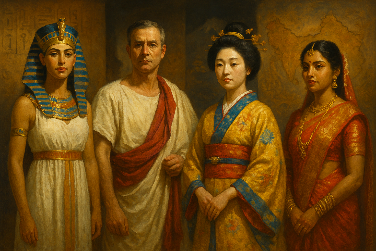 Realistic oil painting of four historical figures in traditional attire: an Egyptian queen, Roman statesman, Japanese noblewoman in kimono, and Indian woman in a red sari—representing how clothing reflects cultural identity and imperial influence.