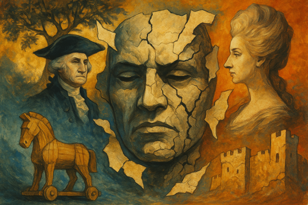 "Surrealist painting depicting fragmented historical symbols—like a broken Trojan horse, Marie Antoinette’s silhouette, and the Great Wall—fading into clouds of myth and truth."