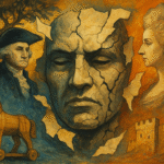 "Surrealist painting depicting fragmented historical symbols—like a broken Trojan horse, Marie Antoinette’s silhouette, and the Great Wall—fading into clouds of myth and truth."