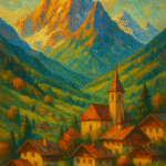 Oil painting of colorful mountain range with symbolic cultural influence and natural landscape elements
