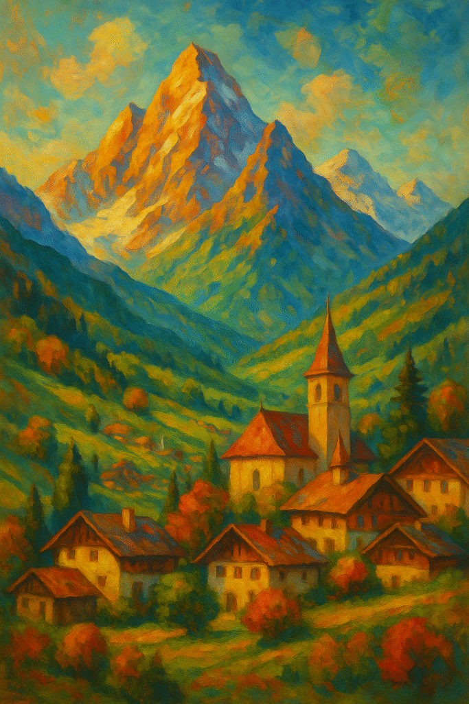 Oil painting of colorful mountain range with symbolic cultural influence and natural landscape elements