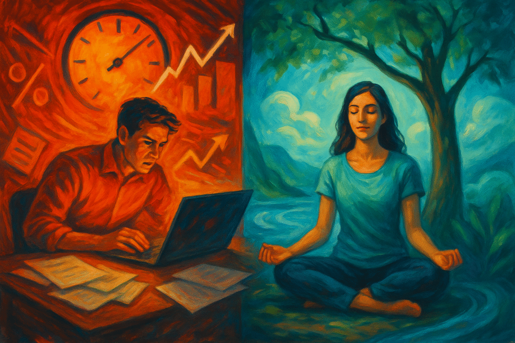 Artistic oil painting of a stressed man working under red tones beside a meditating woman under a tree in calm blue-green light, symbolizing the contrast between hustle culture and pause culture in modern productivity.