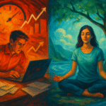 Artistic oil painting of a stressed man working under red tones beside a meditating woman under a tree in calm blue-green light, symbolizing the contrast between hustle culture and pause culture in modern productivity.