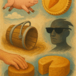 Surreal painting depicting common idioms as symbolic objects: flying pig, carrot coin, tipped bucket, faceless man with sunglasses, hand on cake, sliced cheese