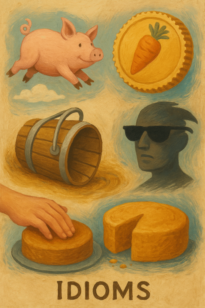 Surreal painting depicting common idioms as symbolic objects: flying pig, carrot coin, tipped bucket, faceless man with sunglasses, hand on cake, sliced cheese